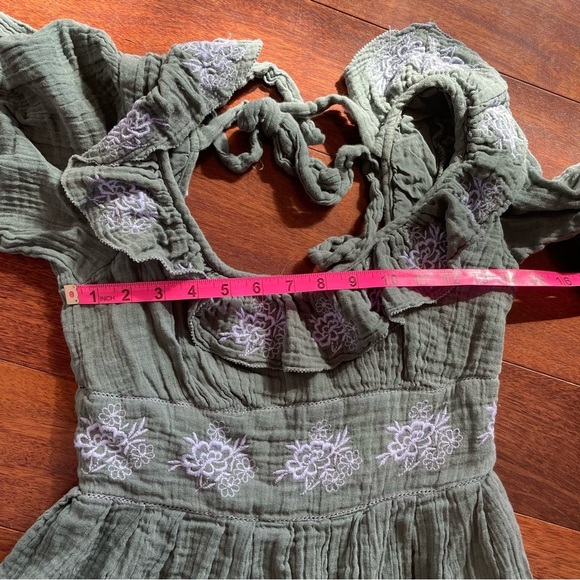Free People Lovers Lane Maxi Dress Green Blue Embroidered Ruffle 3/4 Sleeve S - Picture 12 of 13